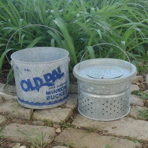 Vintage Minnow Bucket, Old Pal Blue, Galvanized Metal, Fishing Gear, 2 pc. 8 Qt.